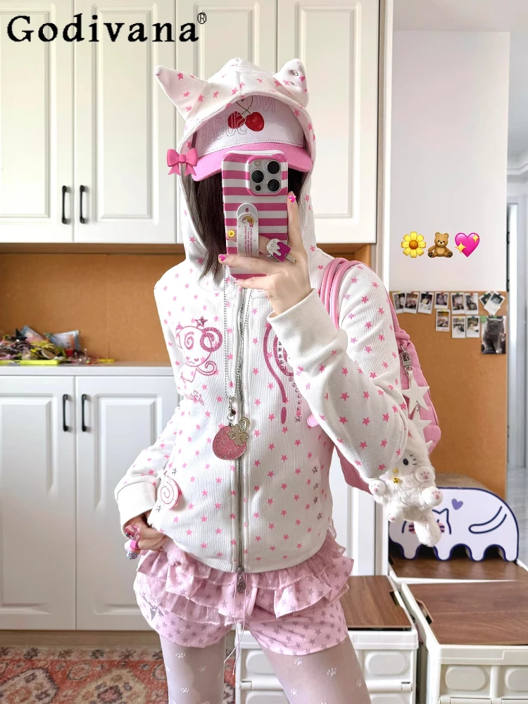 

Japanese Subculture Girl's Sweet Cool Hooded Jacket Autumn New Girl's Slim Fit Cute Printed Zip Cardigan Student Y2K Sweatshirt