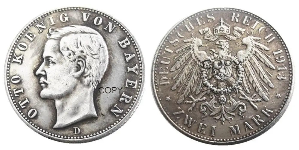 Germany Bavaria 2 Mark 1913 Silver Plated Copy Decorative Coin