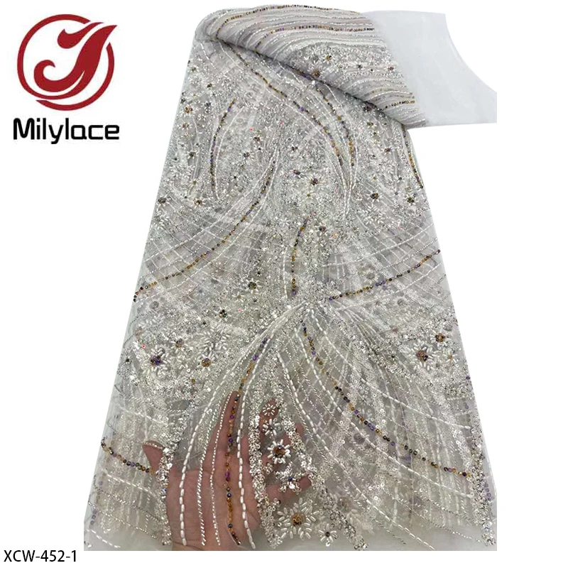 

Luxury Heavy Handmade Beads Tulle Lace Fabric African Sequins Lace Fabric for Women Evening Cloth Dresses XCW-452