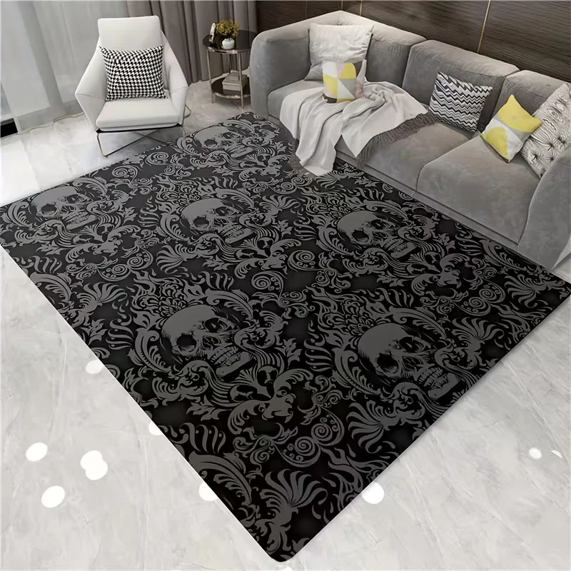 Home Living Room Carpet, Gothic Personality Skull Print Floor Mat Non-Slip Foot Mat, Flannel Super Soft Living Room Carpet