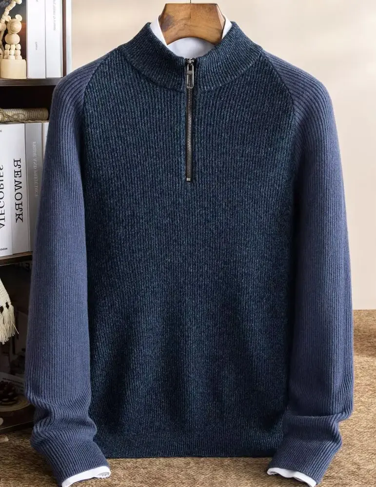 100% pure cashmere sweater men's half-height zipper collar autumn and winter new padded cashmere pullover sweater men's