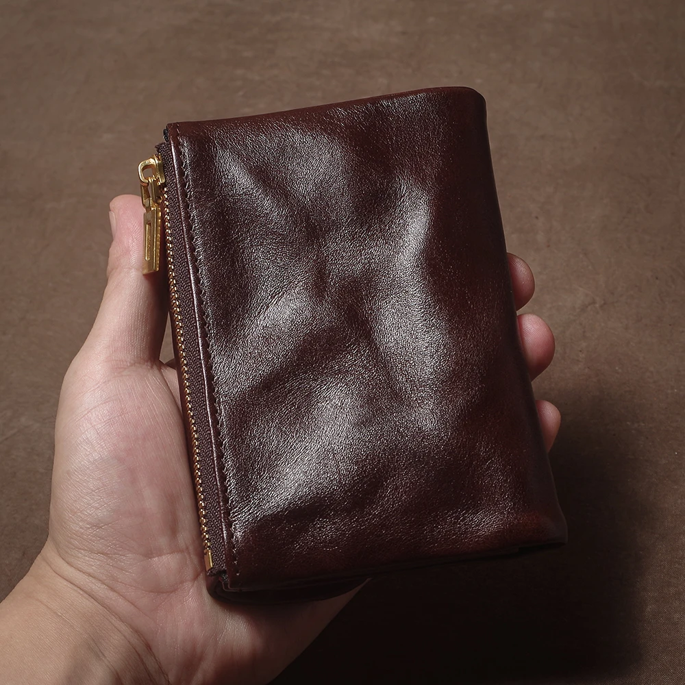 GURO Vintage Genuine Leather Trifold Wallet for Men Women Zipper Coin Purse Driver License ID Credit Card Luxury Cowhide Wallet