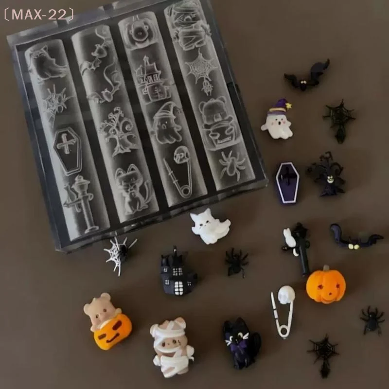 〔MAX-22〕3D Halloween Pumpkin Bat Skull Silicone Nail Mold Nail Art DIY Tool Manicure Templates For Home Craft Silicone Mold