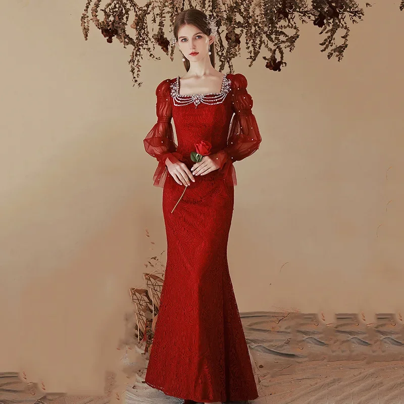 

Square Neck Women Qipao Burgundy Bridal Wedding Mermaid Dress Slim Elegant Cheongsam Vintage Long Sleeve Maxi Dress