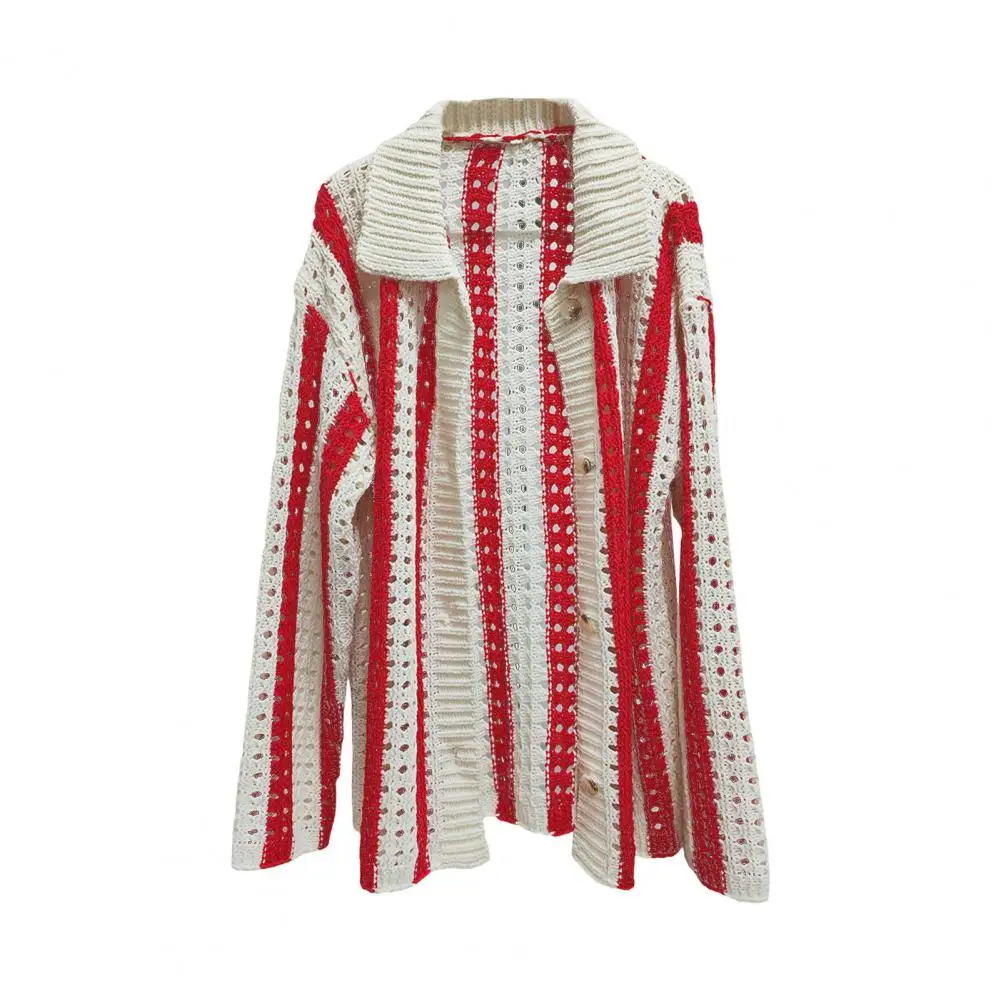 Knit Coat Men's Fall Spring Hollow Out Knitted Cardigan with Turn-down Collar Color Matching Patchwork Coat Stylish for A