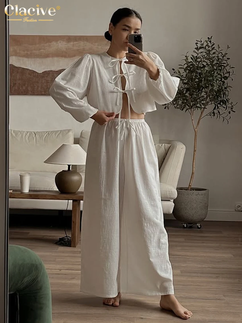 

Clacive Fashion Loose White Cotton 2 Piece Sets Woman Outfit Elegant Long Sleeve Shirt With High Waist Wide Pants Set Female
