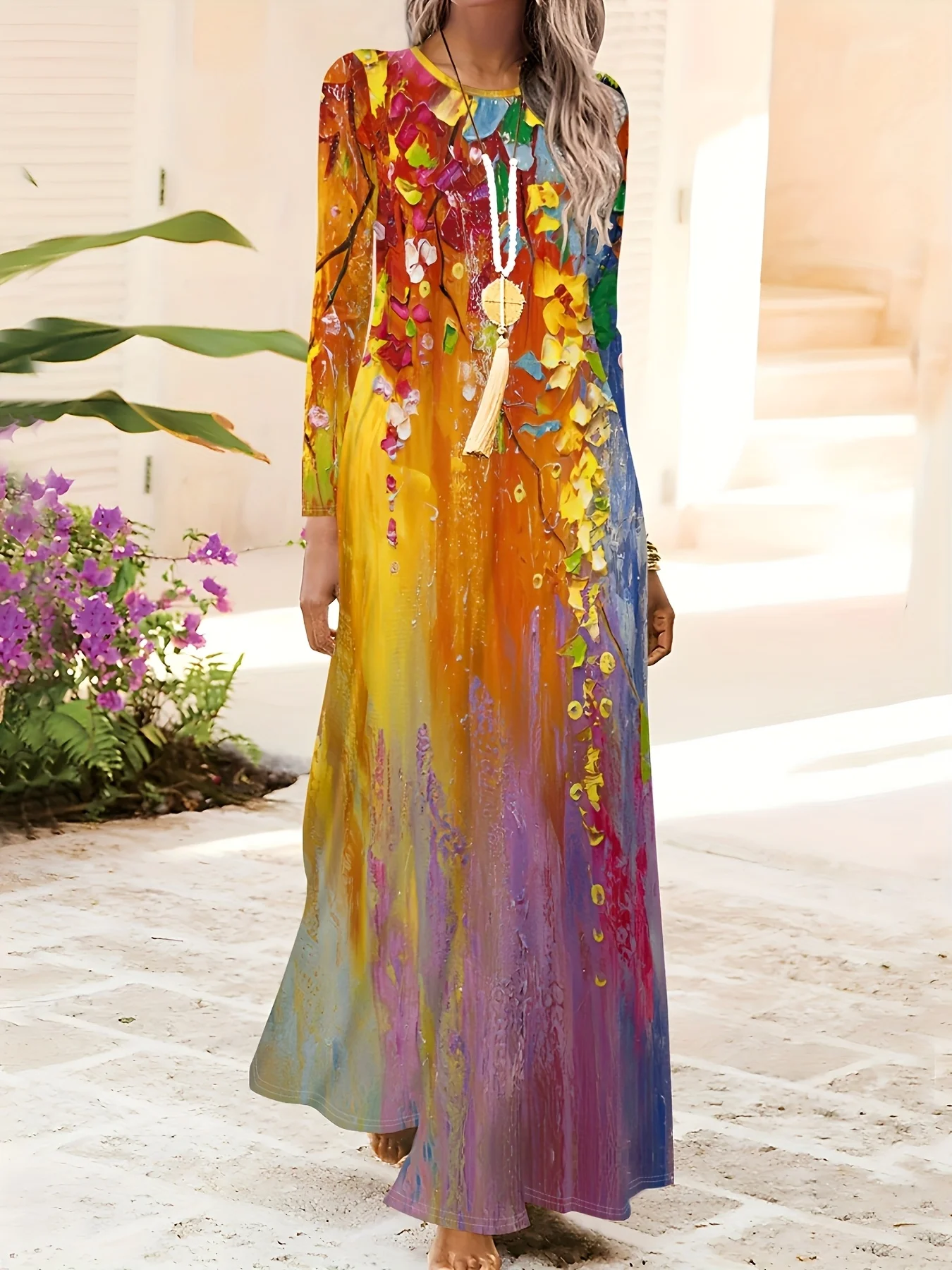 Langärmliges Kleid für Damen im Urlaubsstil, Lässiges Sommerkleid, Fließendes Maxikleid, Elegantes Abendkleid, Trendiges Herbst-Winter-Kleid