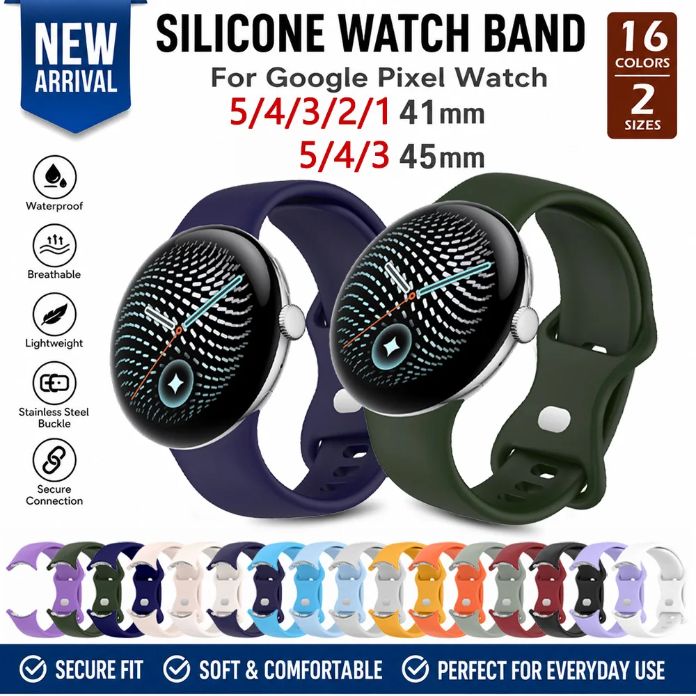 Silicone Replacement Strap Compatible with Google Pixel Watch 5 4 3 45mm 2 1 41mm Durable Waterproof Sport Band for Men Women