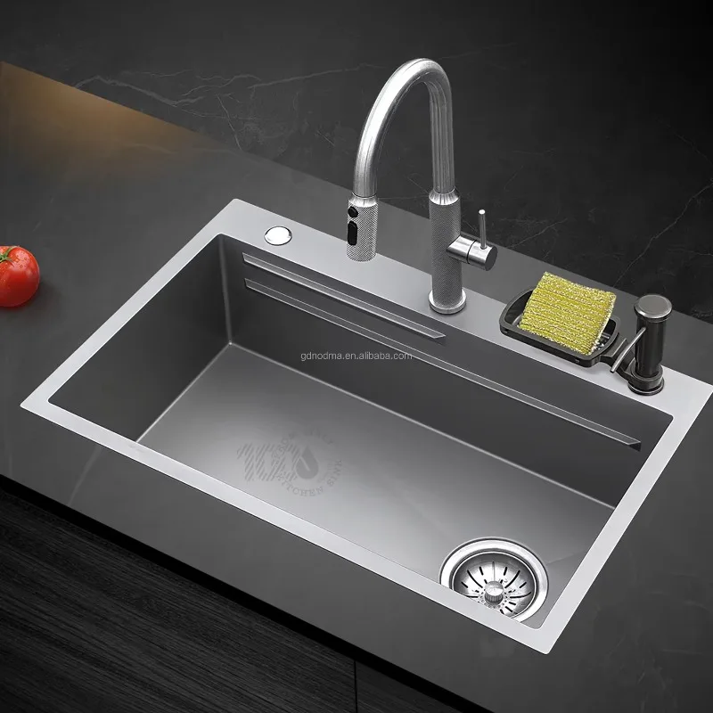 

Handmade One Set Nano Gun Gray Stainless Steel Kitchen Sink SUS304 Single Bowl Three Holes Durable 304 Stainless Steel