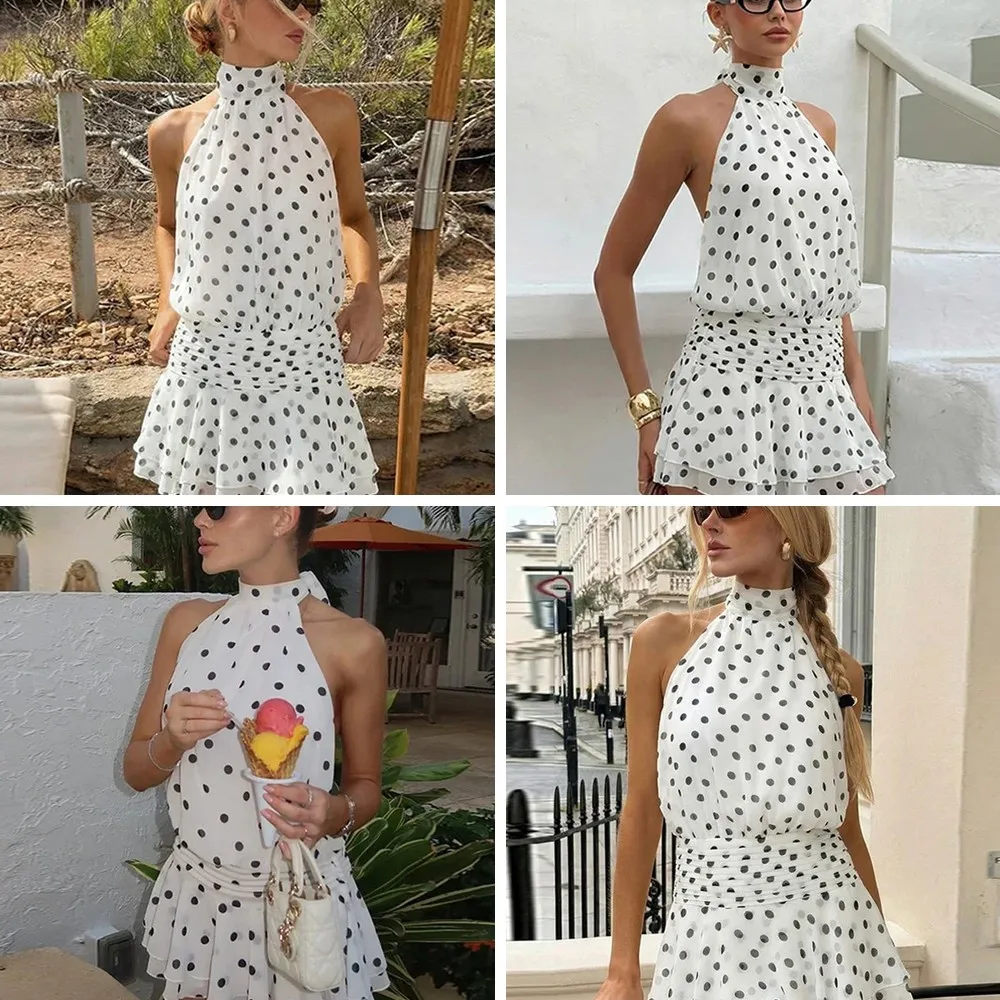 

Sexy Polka Dot Halter Dress for Women, Off-Shoulder Backless Mini Dress with Pleated Skirt & Cinched Waist for Vacation Party