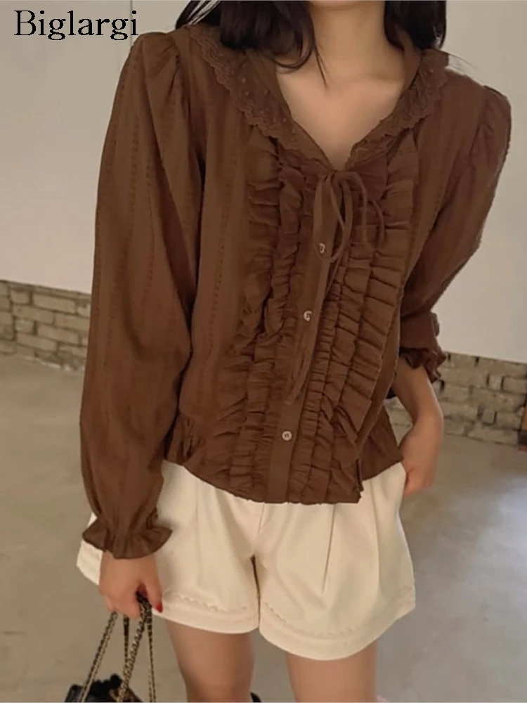 

Весенняя кружевная лоскутная рубашка с капюшоном и рюшами, женская повседневная блузка с длинным рукавом, женские рубашки, топы, белые женские блузки в корейском стиле