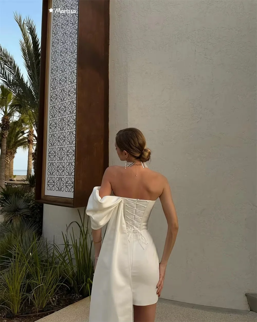 Marissa Gaun Pesta Buatan Khusus untuk Pernikahan Gaun Acara Dipesan Lebih Dahulu untuk Acara Khusus Rok Ketat Pendek Pita Bahu Terbuka