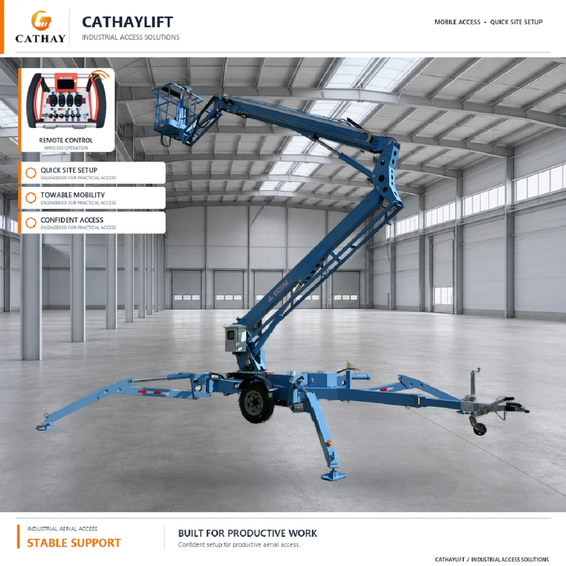 Cathaylift ISO/CE/RoHS Certified 22m Reach Easy Towable Boom Lift Hydraulic Stabilizers Auto Level Optional Power