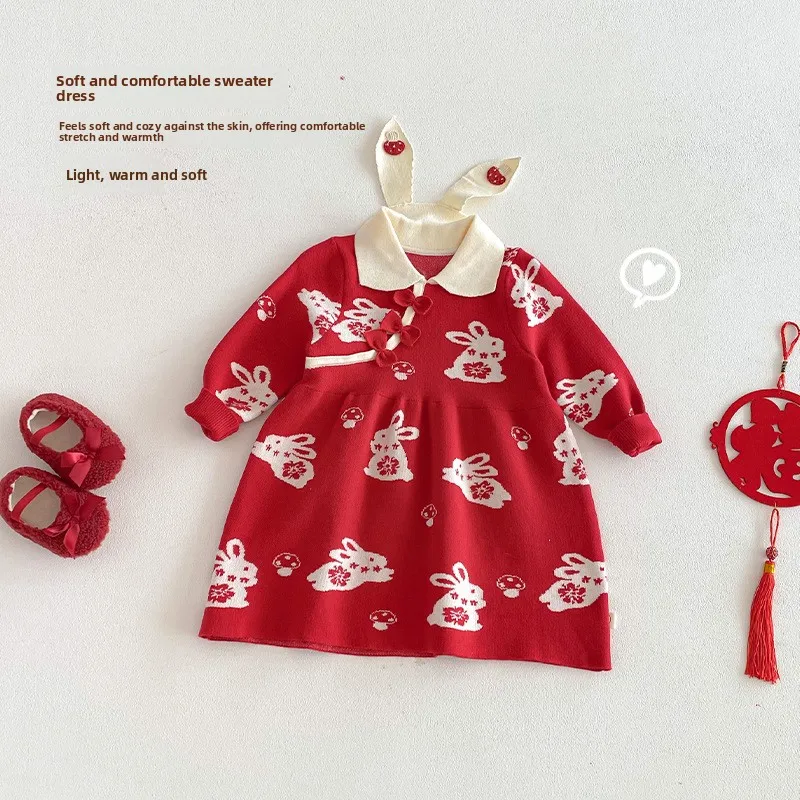 

Новогоднее платье с маленьким кроликом для девочек, новинка 2025 года, зимнее детское вязаное платье в стиле вестерн, детское красное китайское платье