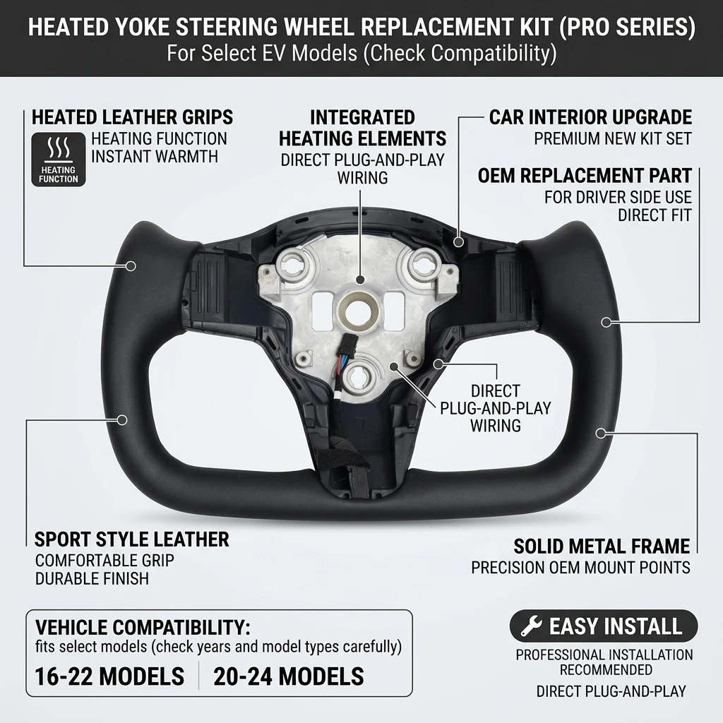 For Tesla Model 3 Model Y Yoke Steering Wheel 16-22 20-24 Heated Black Driver Side Replacement Sport Style Leather Durable Direct Fit Easy Install Car Interior Upgrade Comfortable Grip OEM Replacement Part With Heating Function Premium New Kit Set Pro