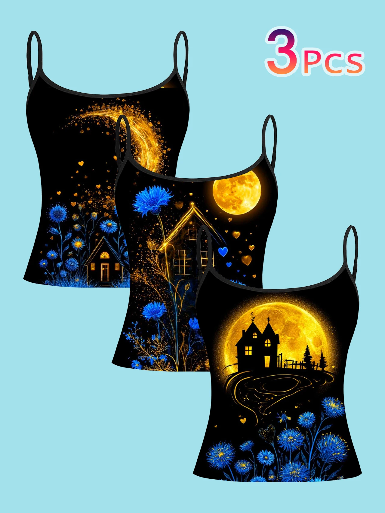 3-Piece Set of Black and Gold Luminous Small House Full Moon Blue Floral Print Thin Camisole Tops, Dreamy Little House Night Healing Style Slim Fit Sleeveless Tops, Dark Romantic Inner and Outer Wear Base Layer Shirts