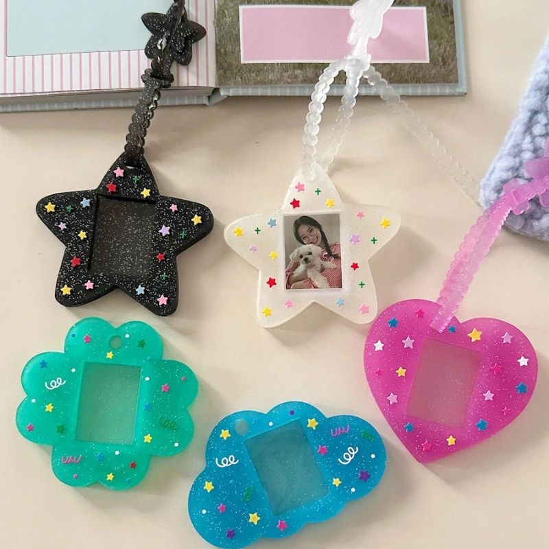Cute Glitter Star Acrylic Photocard Holder Keyring, Multi-shape Photo Frame Pendant,Idol Photo Card Protector Bag Charm Gift