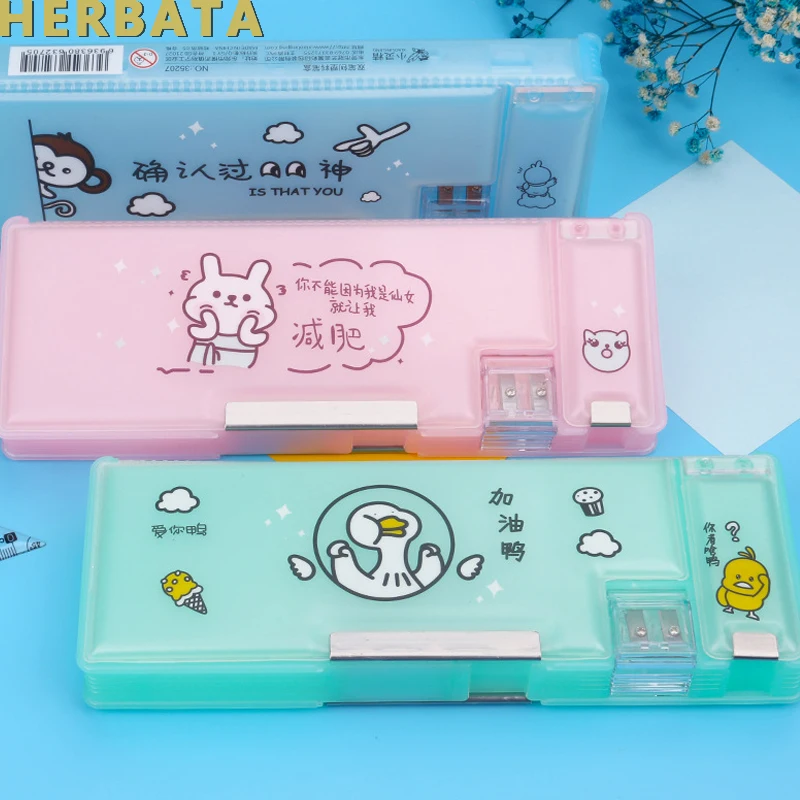 cartoon pencil box pencil sharpener pencil case double door double open holder boy girl gift stationery Escolar Papelaria 19181