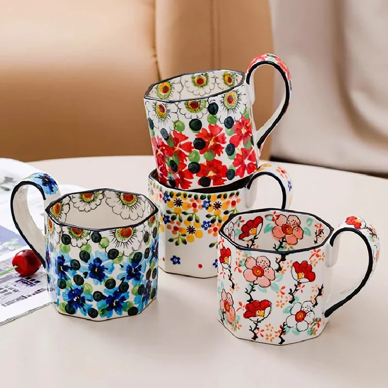 400ML Retro Flower Mug Ceramic Coffee Cup Polygon Milk Tea Cup Kitchen Bar Supplies Breakfast Milk Mug Office Drinking Cup