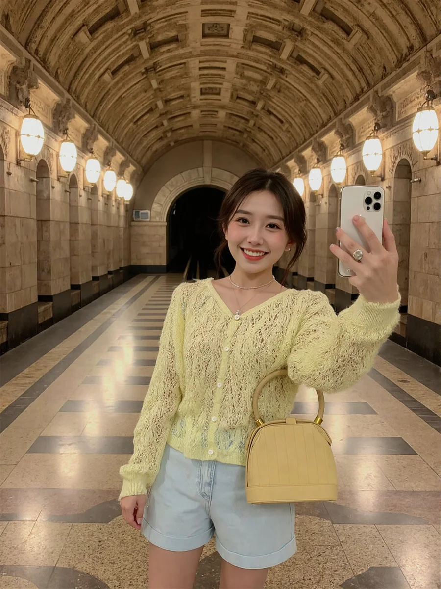 Cárdigans de estilo coreano ahuecados, suéteres lisos con cuello en V, jerséis, ropa para mujer en otoño, longitud larga de gran tamaño