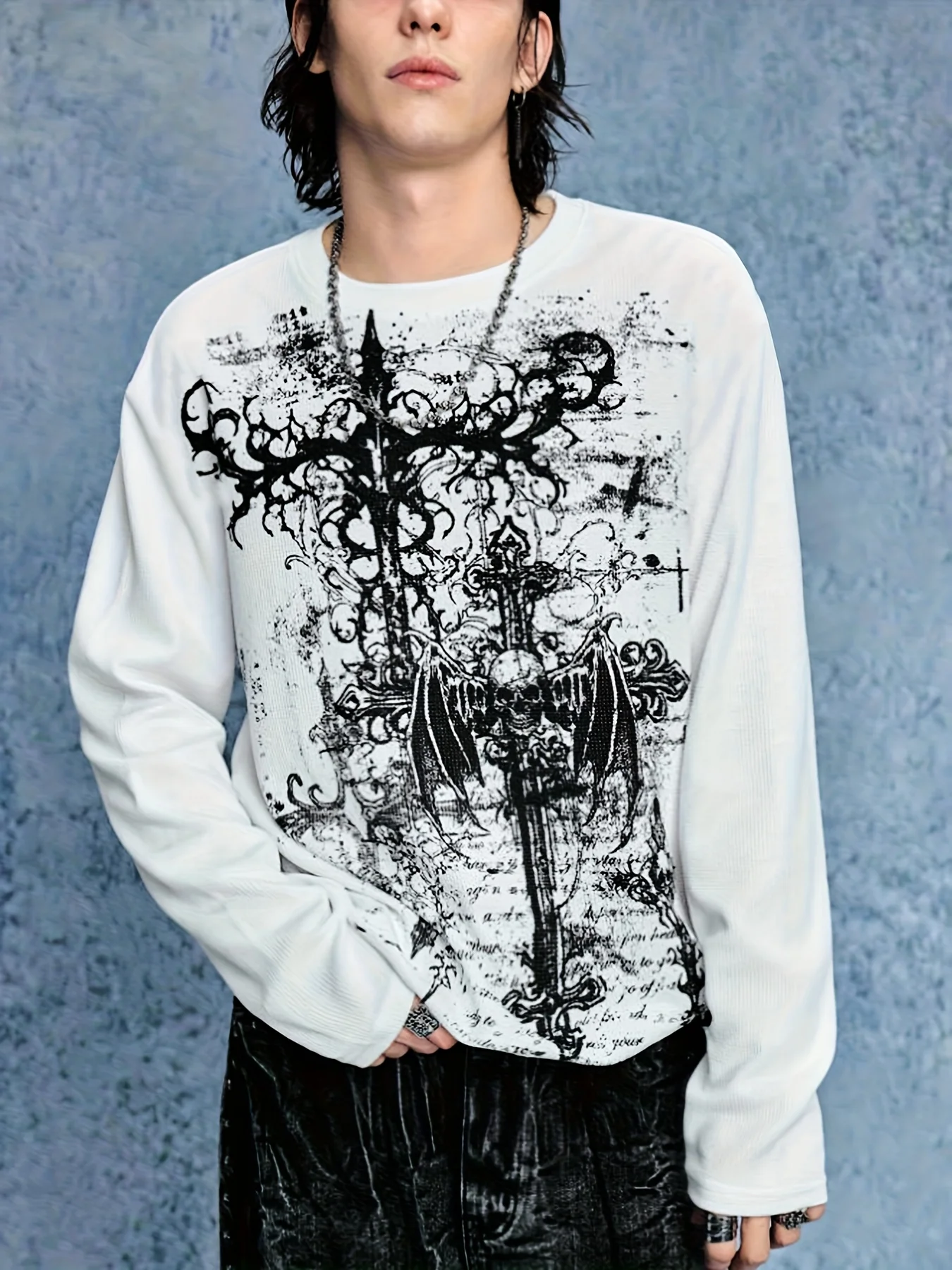 Men's T-shirt Crew Neck Long Sleeve Gothic Cross Skull Wing Vintage Graphic Print Loose Punk Streetwear Autumn Tops