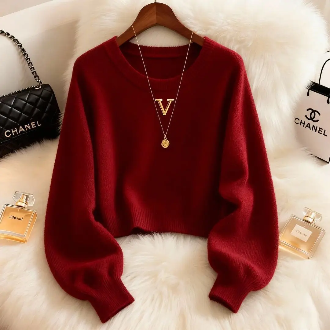 

Thickened Knitted Sweater Women's Overhead Style Winter Fashionable Basic Color Long Sleeve round Neck Regular Fit Sweater