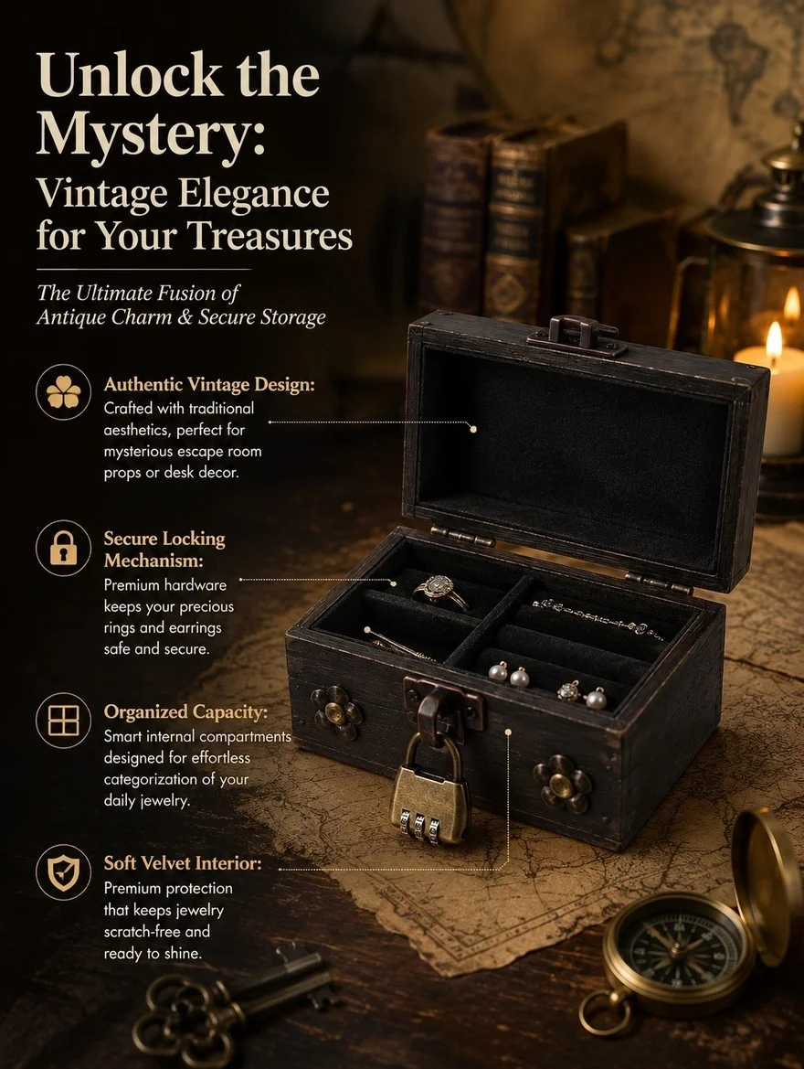 Vintage Wooden Jewelry Box Retro Decorative Lockable Hasp Storage Case for Rings Earrings Escape Room Prop Puzzle