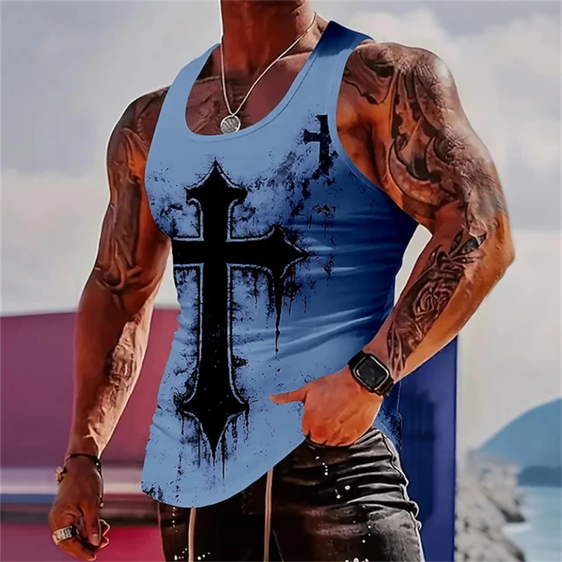 Colorful Pattern Tank Tops For Men Colorful Cross 3D Printed Summer Loose Sports Sleeveless Round Neck Vest Street Y2k Men Tops