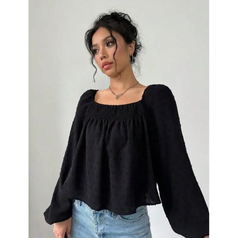 Pure Color Square Collar Long Sve irt L 2789 Cross-Border Sle Casual Women's irt Poly Fabric Fce Lined