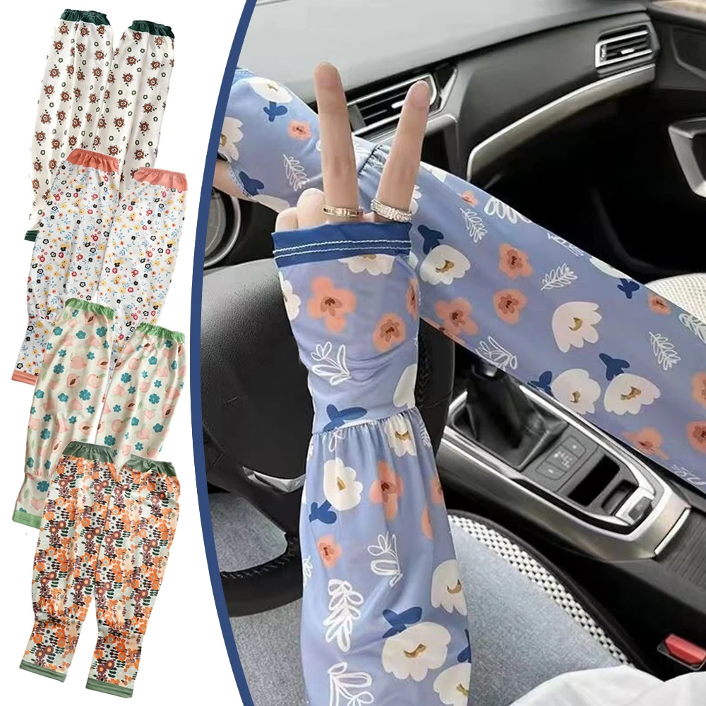 Mode Bloemen Ijs Zijden Mouwen Vrouwen Zomer UV-Bescherming Losse Arm Covers Outdoor Fietsen Rijden Cool Zonnebrandcrème Armmouwen