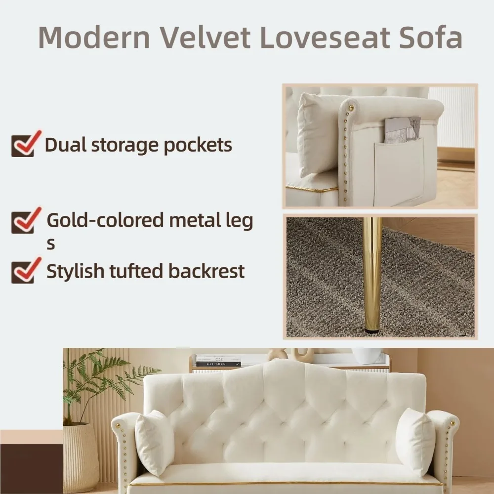 Small Velvet Loveseat Sofa with Gold Metal Legs,55-inch Modern Sofa Couch with 2 Side Pockets,Couch with Tufted Backrest for Liv image 3