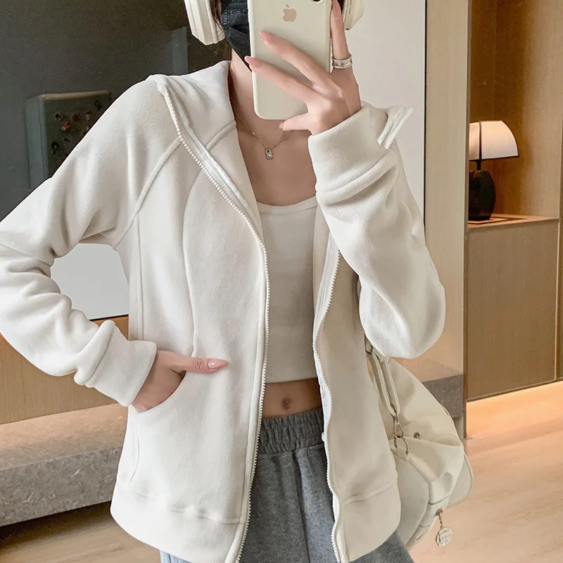 

Korean Slim Fit Hooded Sports Jacket Women 2025 Autumn Winter Thick Zip Up Hoodies Woman Solid Casual Loose Sweatshirts Coat Y2k
