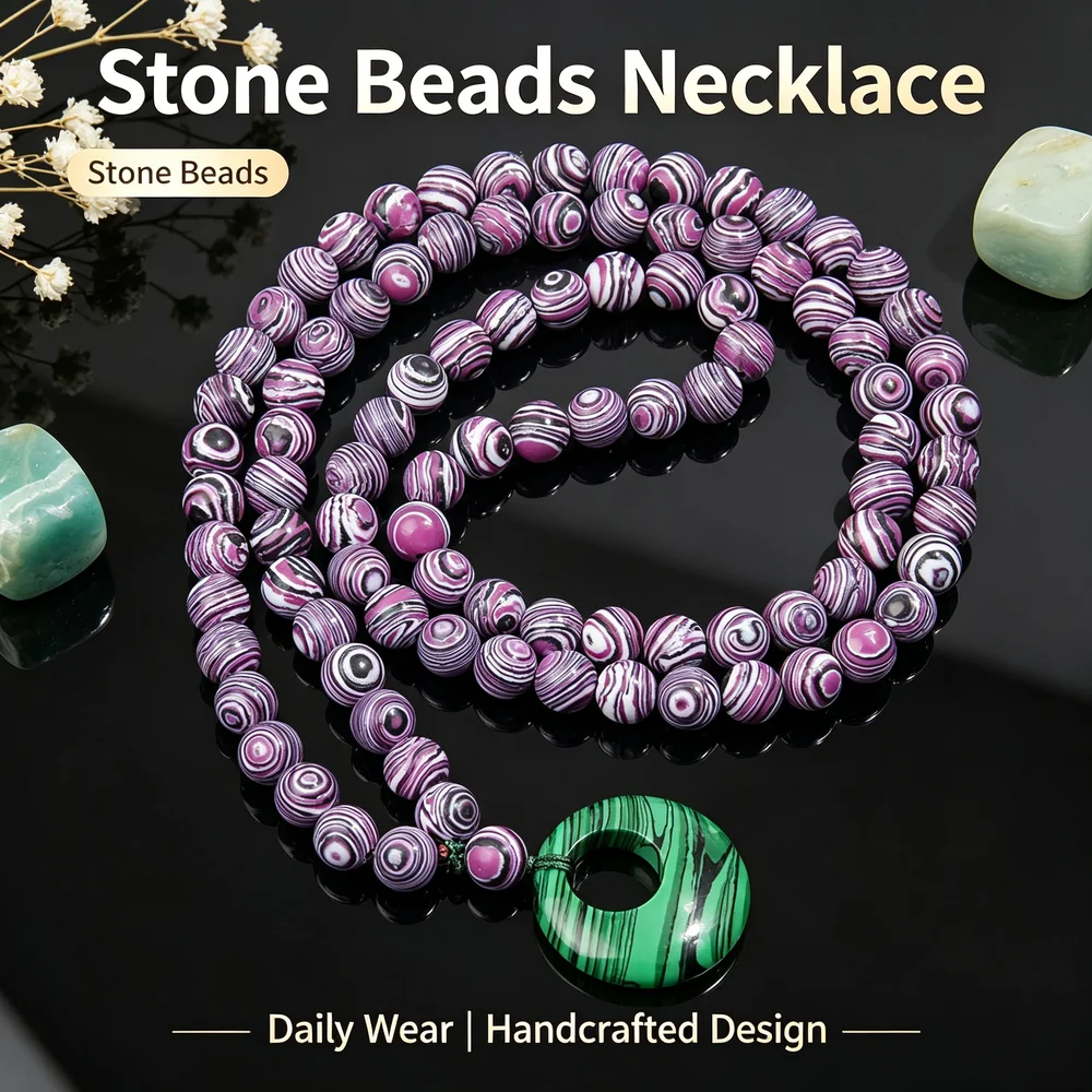 Handmade Faux Malachite Wrap Beaded Necklace Round Swirl Beads Donut Pendant Women Bohemian Jewelry