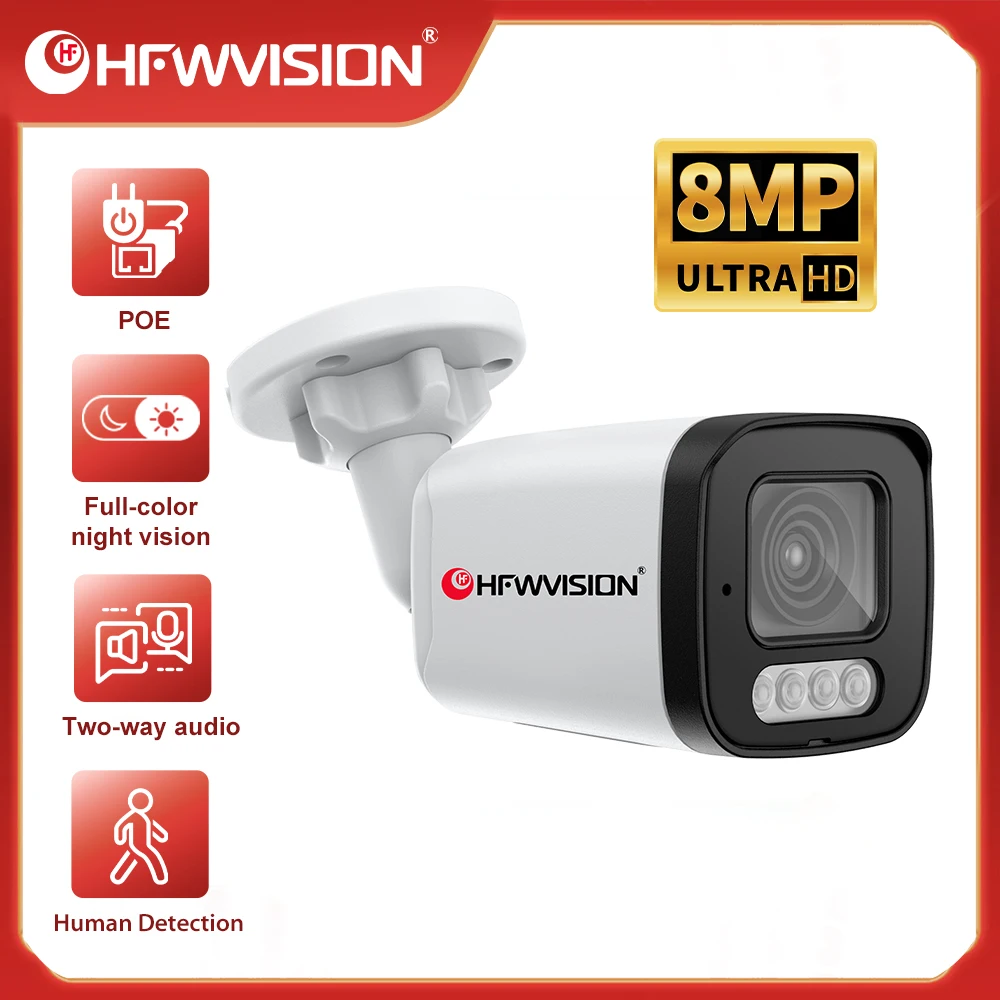 HFWVISION 4K 8MP Outdoor Security Camera 3.6MM POE Camera ONVIF Speaker Audio Night Vision IP66 Waterproof Home Garden Camera