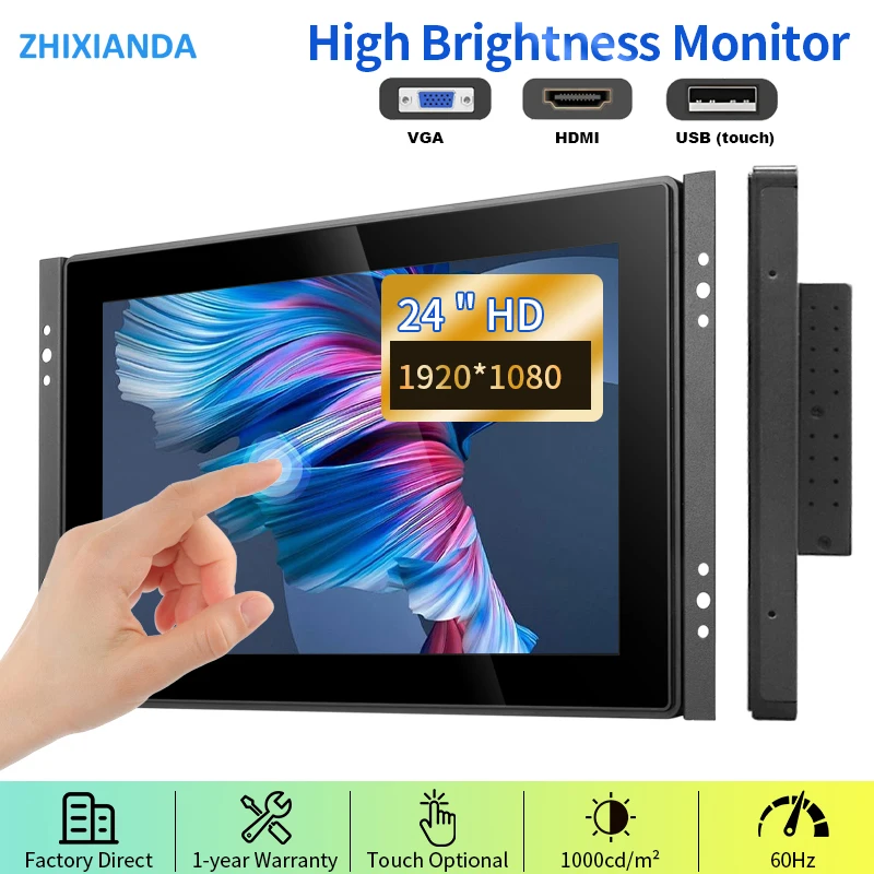 23.8 Inch 1920*1080 Outdoor 1000 Nits Flat Pure PCAP Waterproof Capacitive Touch Screen Monitor With VGA HDMI USB Port