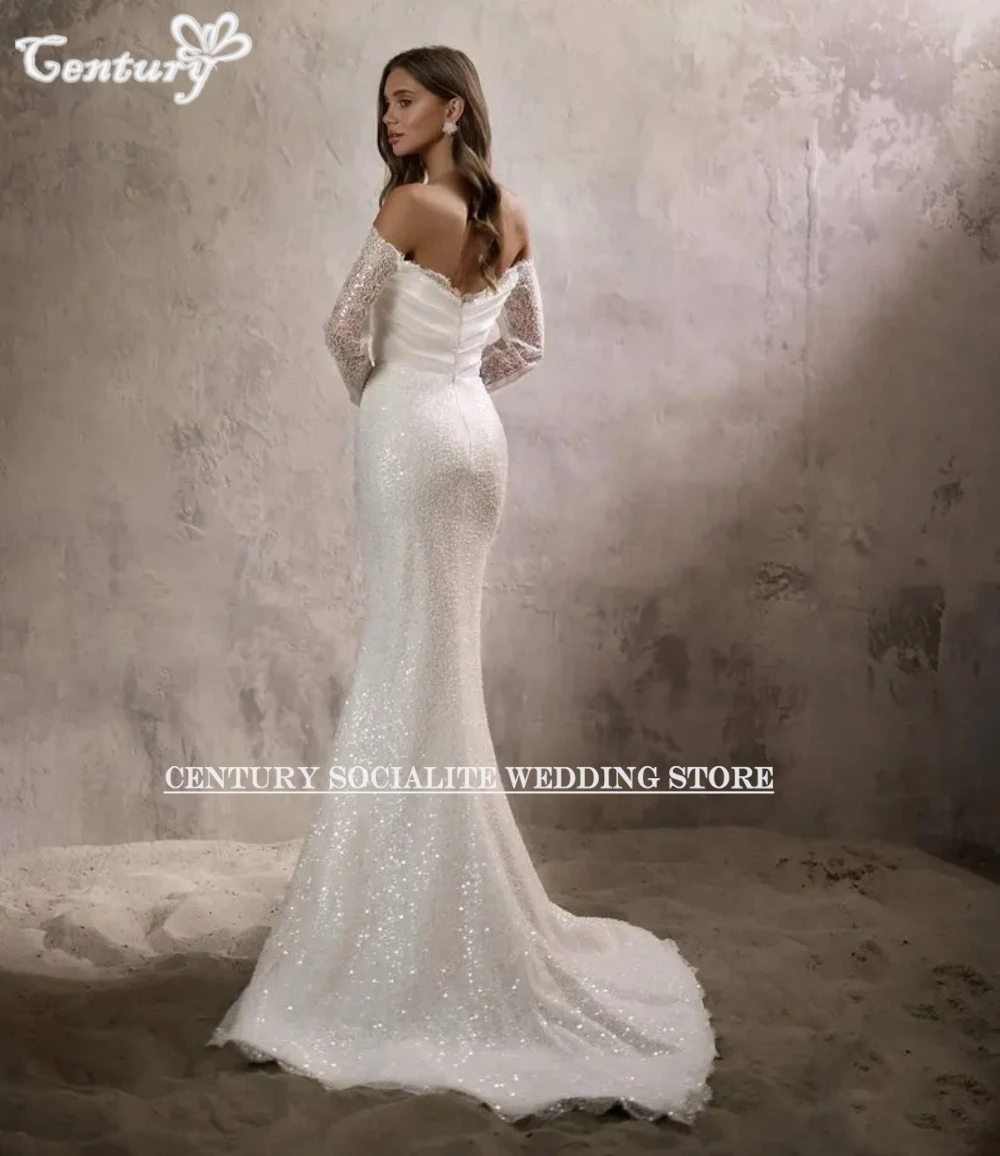 Abito da sposa con spalle scoperte Abiti da sposa a sirena con strascico staccabile Manica lunga Paillettes Abiti da sposa in raso di pizzo personalizzati