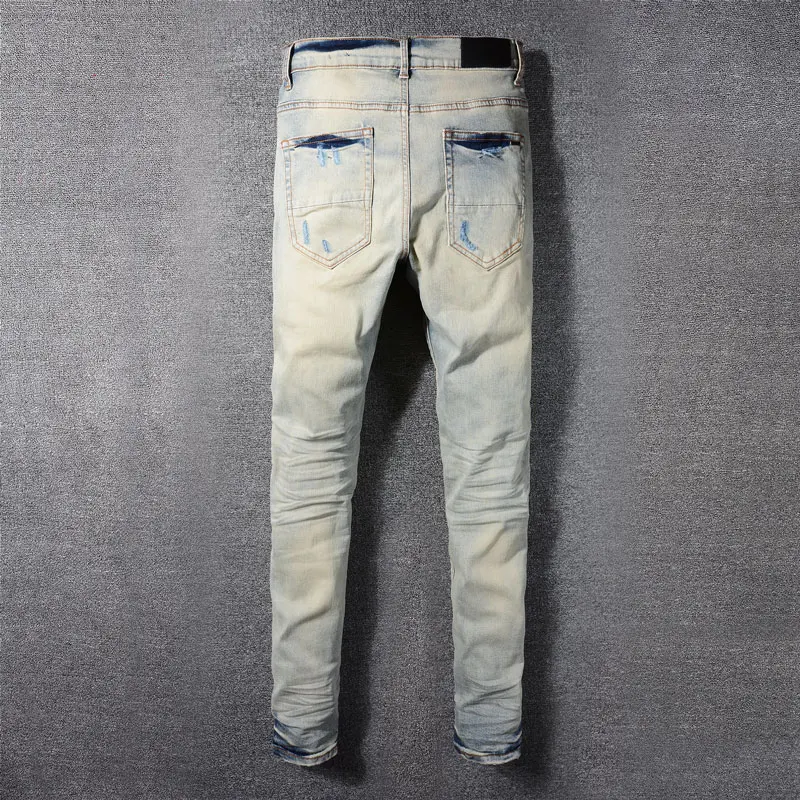 Men's Light Blue Washed Retro Perforated Patch Slimming Jeans Elastic High Street Y2K Fashionable New Arrivals