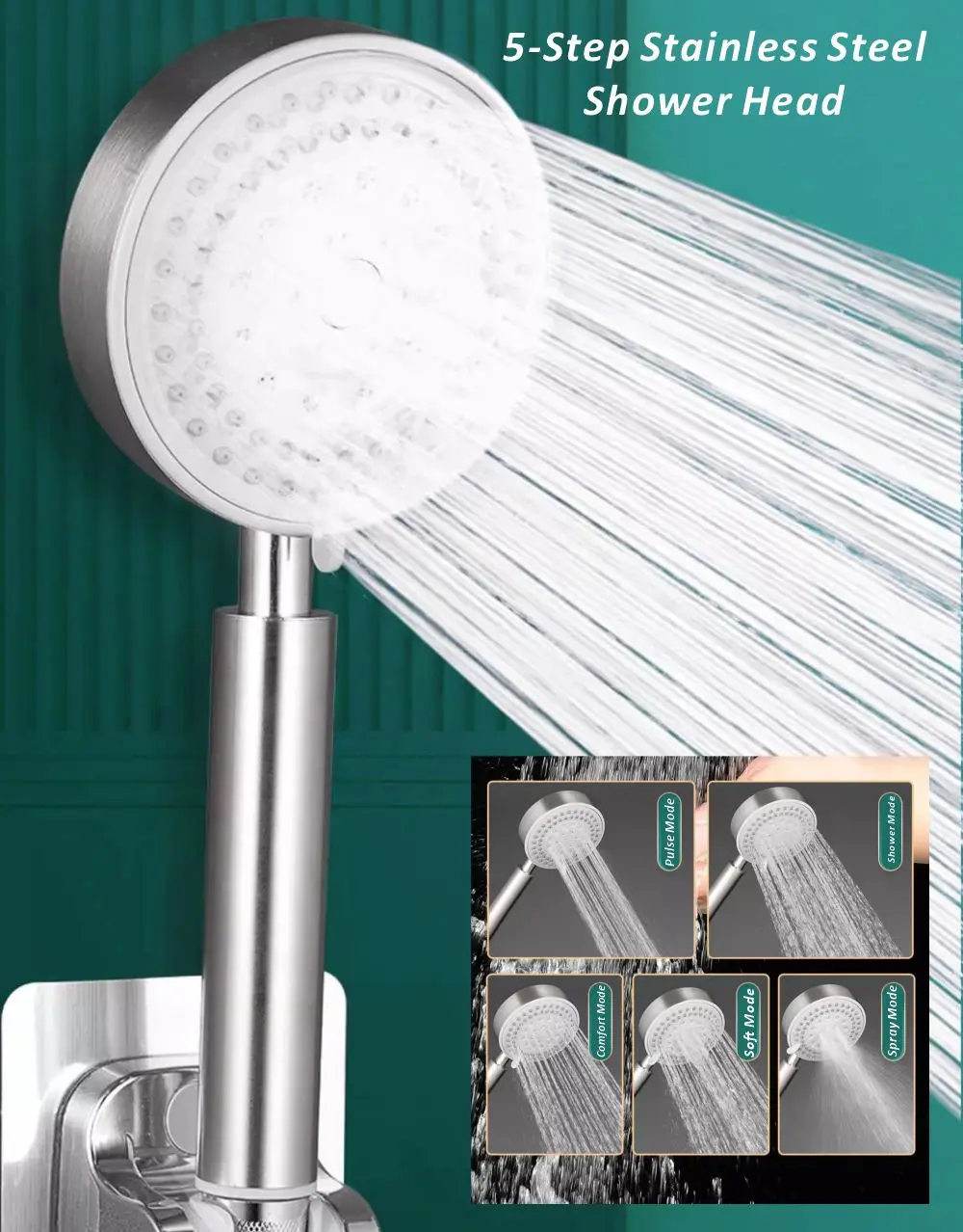 New 304 Stainless Steel Shower Head 5 Step Adjustment Large Flow Spray Nozzle Rainfall Shower Faucet Set Bathroom Accessories