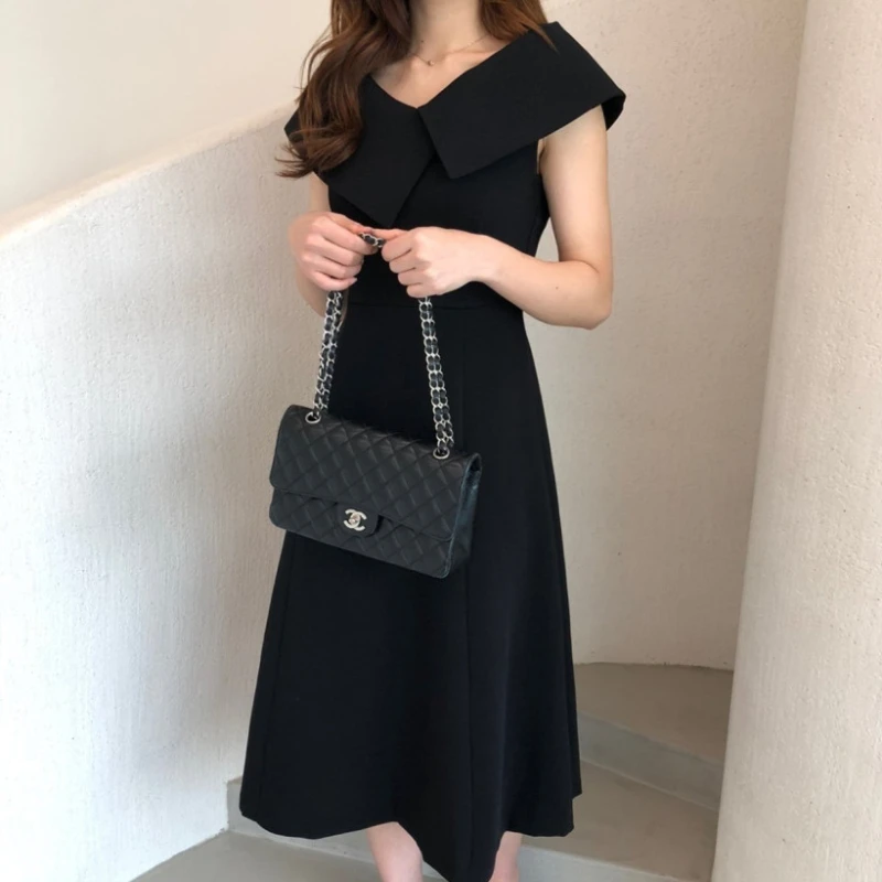 Big Collar Patchwork A A Line Dress Midi Black Vestidos Verano 2022 Elegant Office Jurk Korean Style Women Retro Robe De Soiree