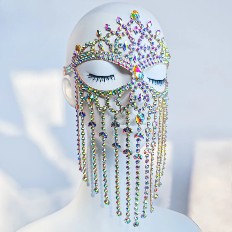 customized belly dance tassel face curtain exotic style mask dance annual party performance with heavy handmade rhinestone mask