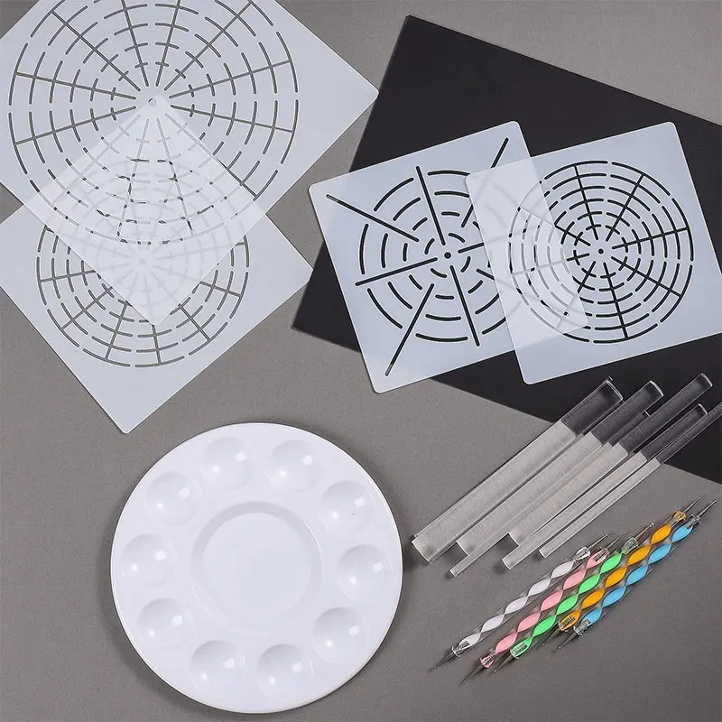 Outils de pointage d'art Mandala, 18 ensembles comprenant 4 pochoirs Mandala, 8 tiges acryliques, plateau de peinture, 5 outils de pointage Double face-N30R