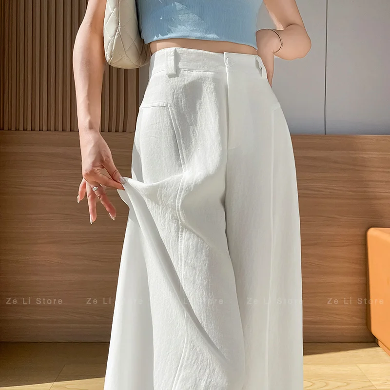 White Linen Wide Leg Pants Women Summer Thin Ice Silk Casual Straight Cut Suit Knife Pants High Waist Straight Leg
