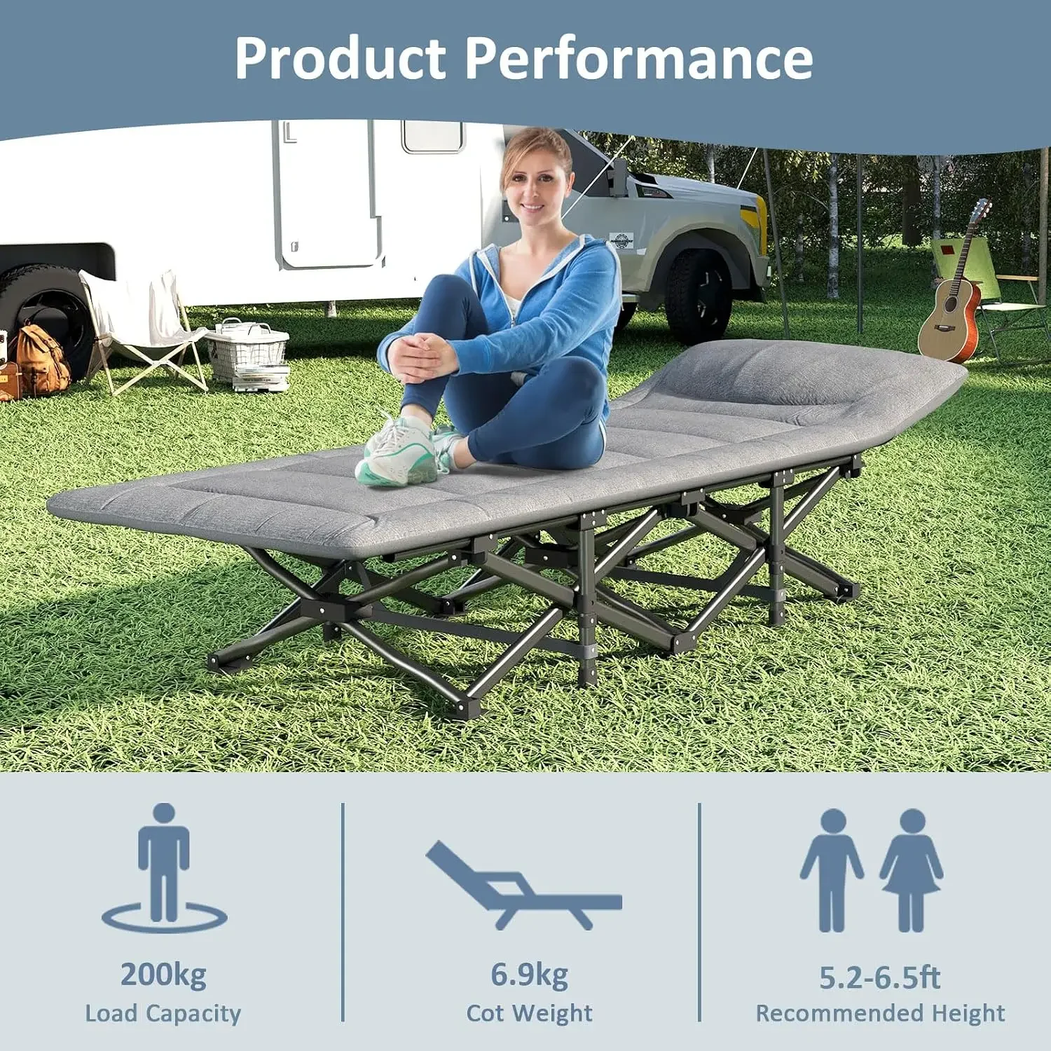 Camping Cot, Folding Cot Bed for Adults with Built-in Mattress and Pillow, Portable Outdoor Sleeping Cot for Camping