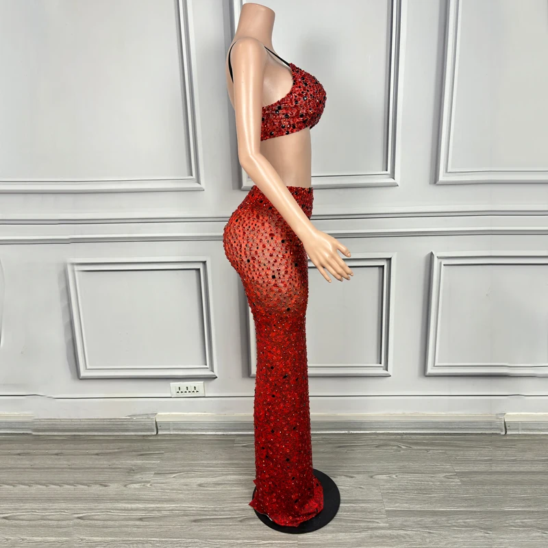 Nuevo vestido de fiesta rojo brillante con diamantes de imitación para mujer, traje de baile de Jazz para cantante, vestidos de fiesta de noche, traje de pasarela puesta en escena ﻿ Set