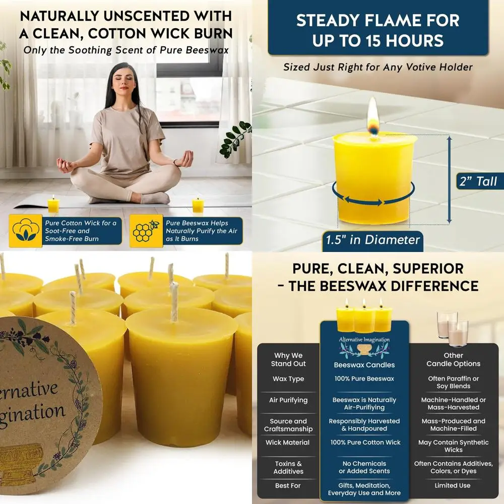 

12 Pack of Beeswax Votive Candles - 100% Pure, Natural Beeswax with Natural Light Honey Scent - 15 Hour Burn -