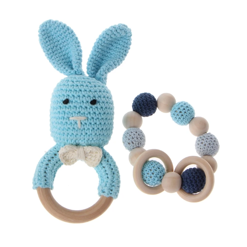 

Y1UB Bunny Crochet Wooden Rings Teething Rattle Amigurumi For Baby Cot Hanging Toy