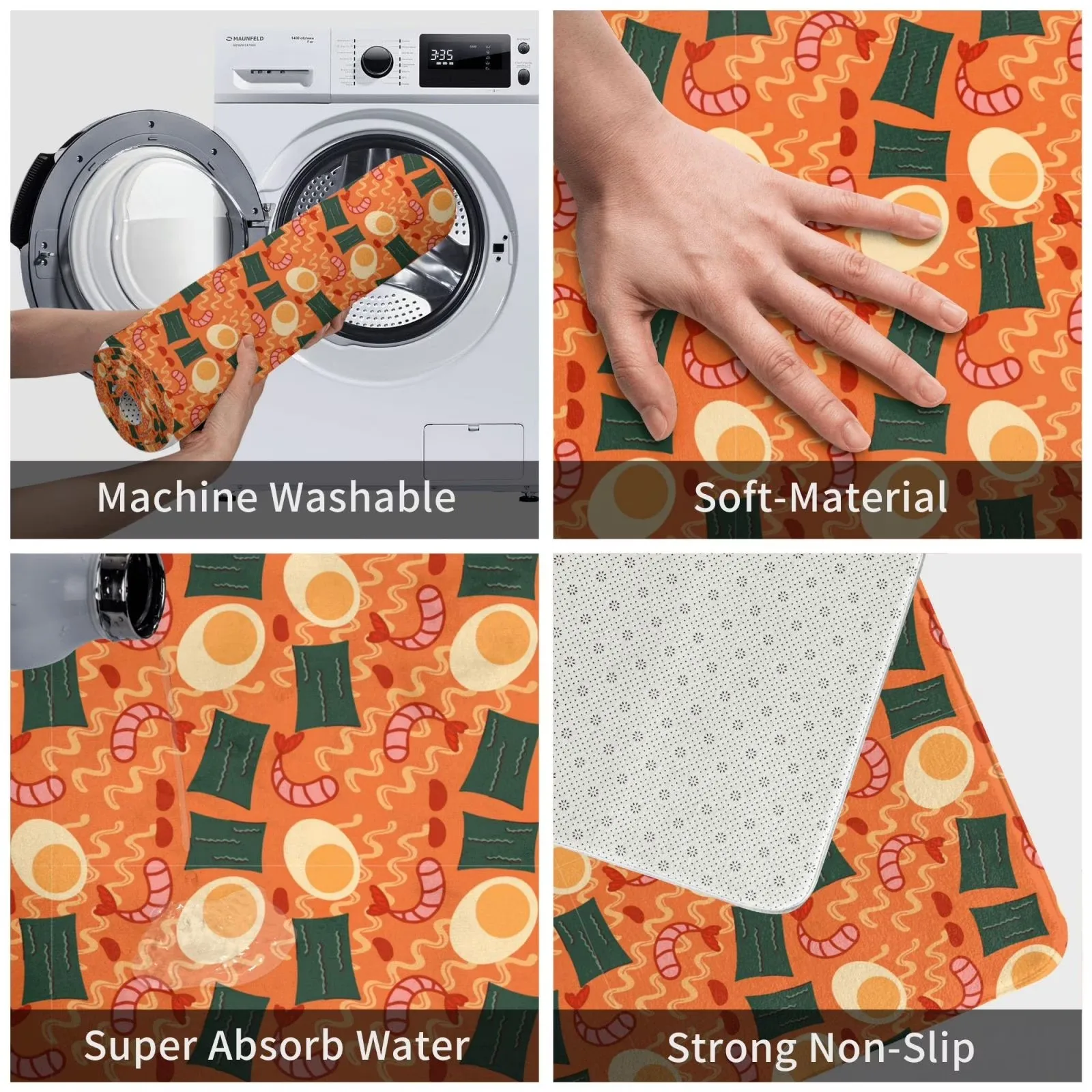 Ramen Noodle Soup Print Flannel Floor Mat Anti-Slip Dust-proof Kitchen Bath Door Mat