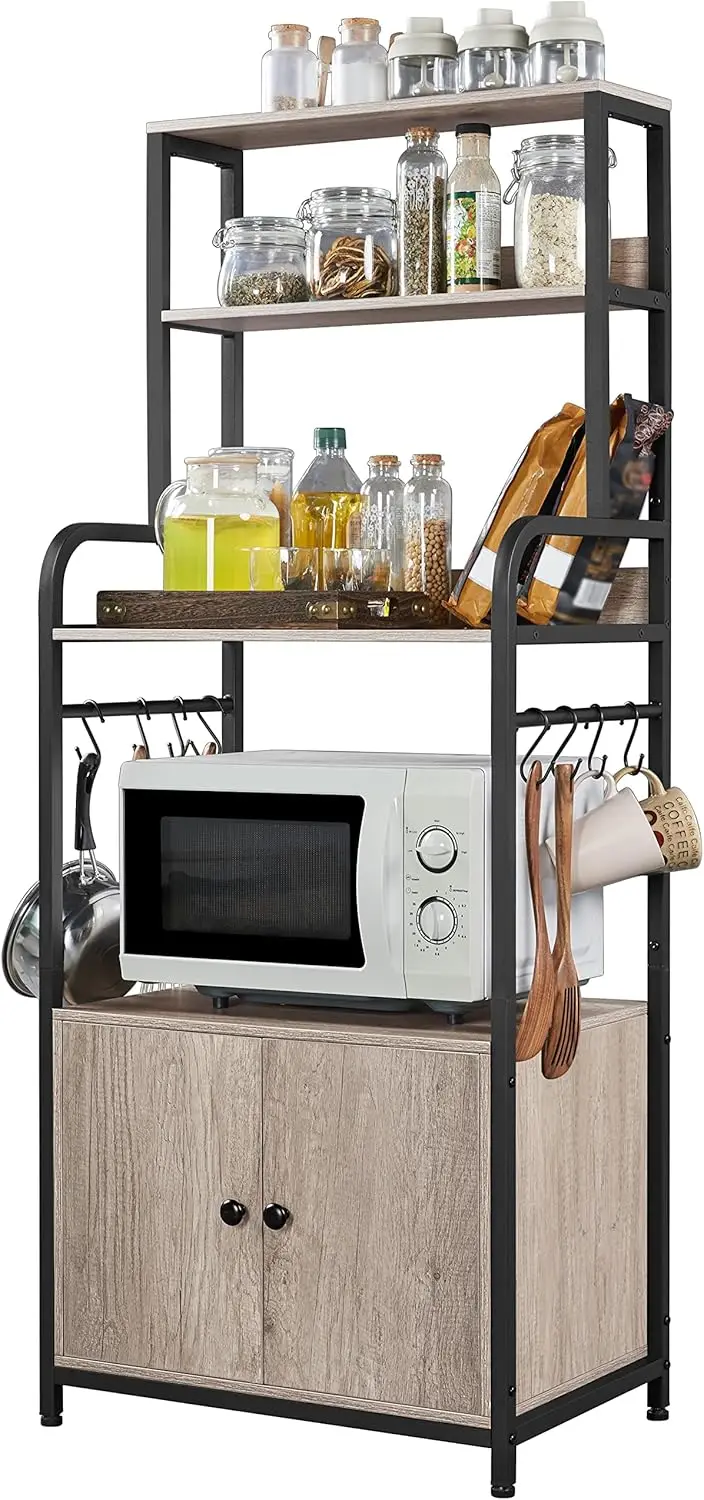 

Kitchen Baker's Rack with Shelves, 4-Tier Microwave Stand with 8 Hooks and Cabinet, 59'' Height Kitchen Shelves for Cosina