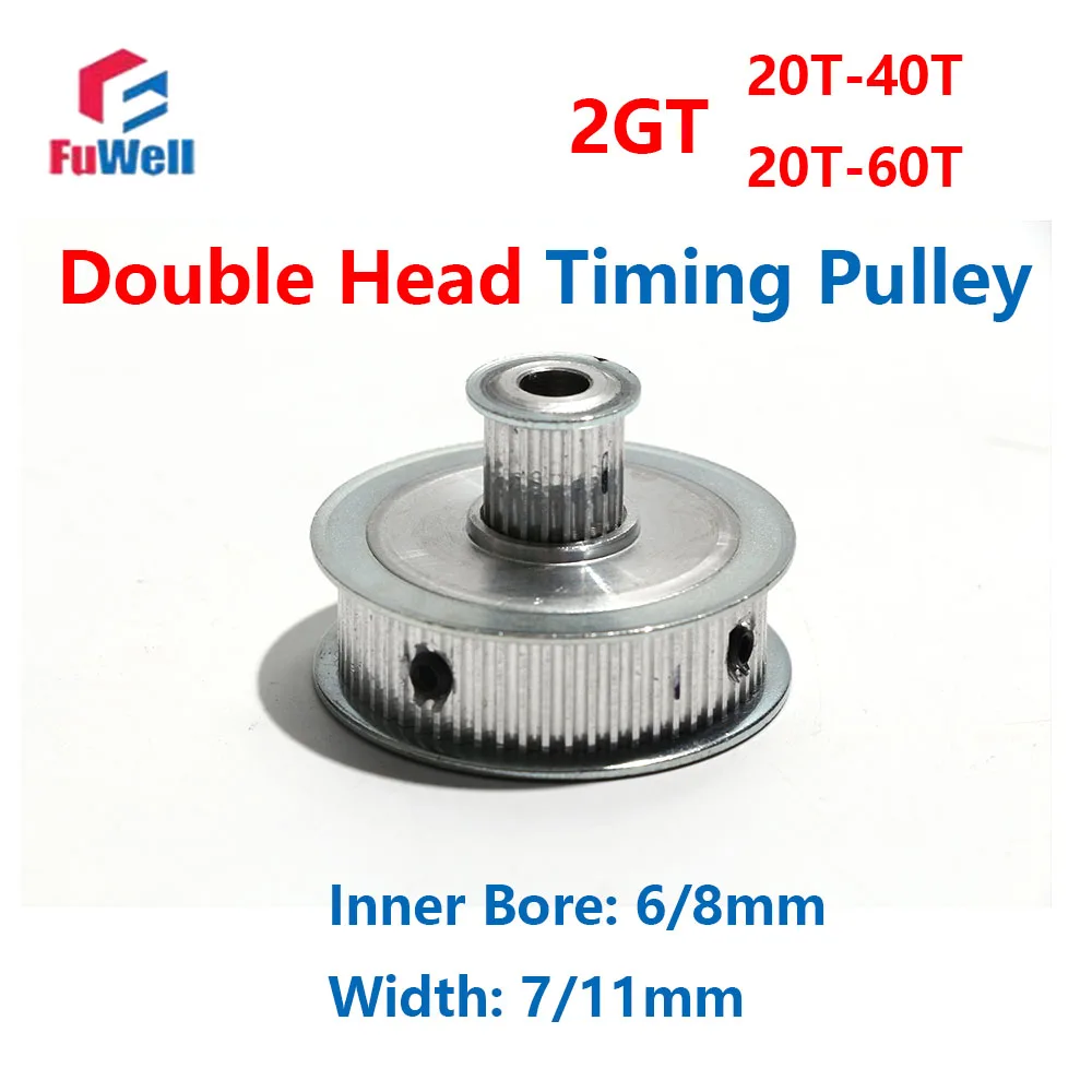 FuWell 2GT 20T-40T/20T-60T Double Head Timing Pulley 6/8mm Bore 7/11Width Toothed Belt Pulley 2mm Teeth Pitch Transmisson Pulley