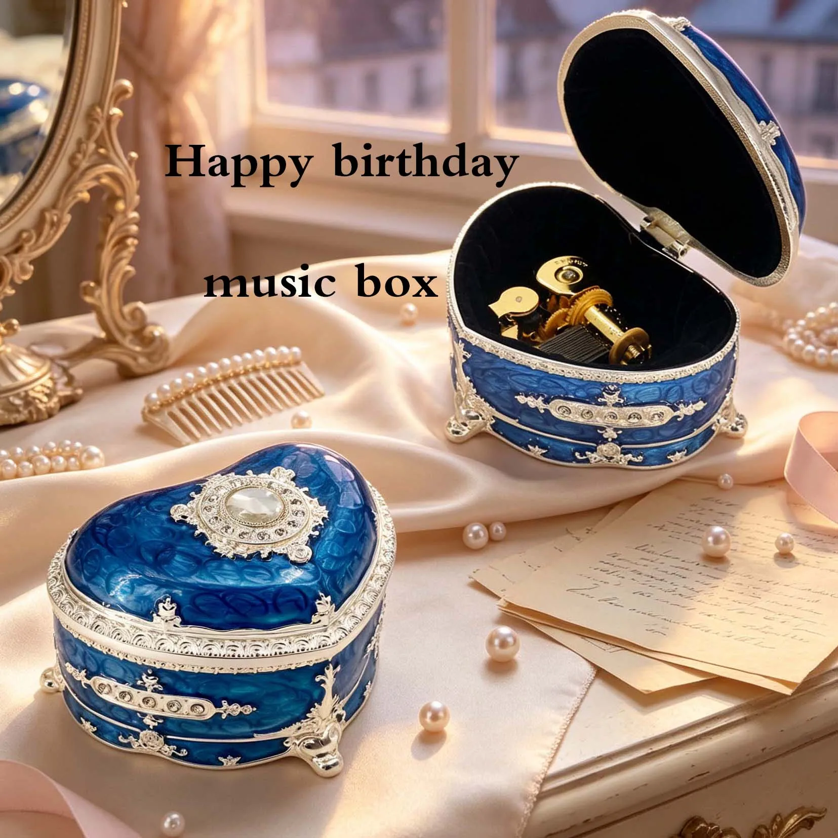 ROSIKING blue Emboss Alloy Metal Happy birthday  Music Box For lovers Wife Mom ，Birthday ，Christmas gift.